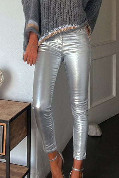 Dame Leggings Med Lommer I Imiteret Læder Tætsiddende Stil 1
