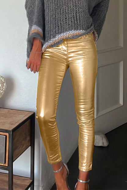 Dame Leggings Med Lommer I Imiteret Læder Tætsiddende Stil 2