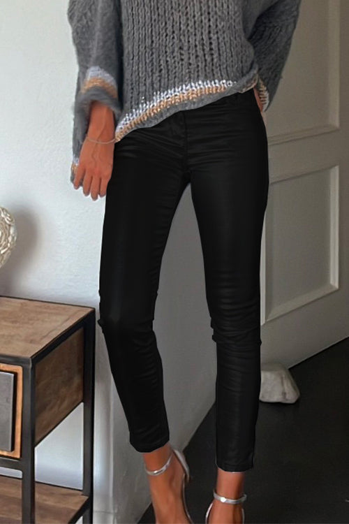 Dame Leggings Med Lommer I Imiteret Læder Tætsiddende Stil 3