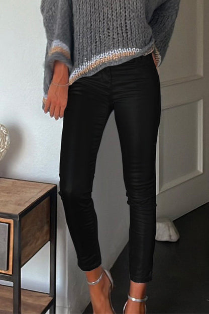 Dame Leggings Med Lommer I Imiteret Læder Tætsiddende Stil 3