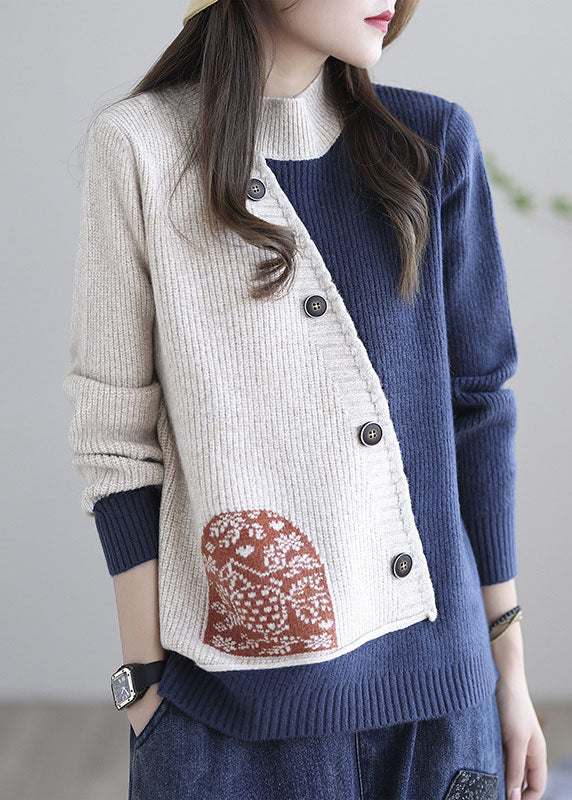 Dame Løs Strikket Top med Blå Print 0