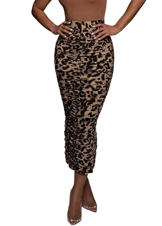 Dame Maxi Nederdel Rynket Høj Talje Leopardprint 0