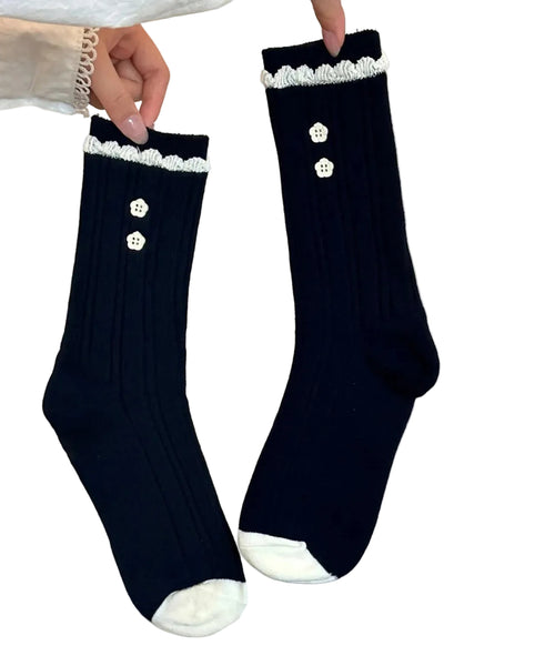 Dame Mid Calf Sokker med Blonde og Knapdetalje 4
