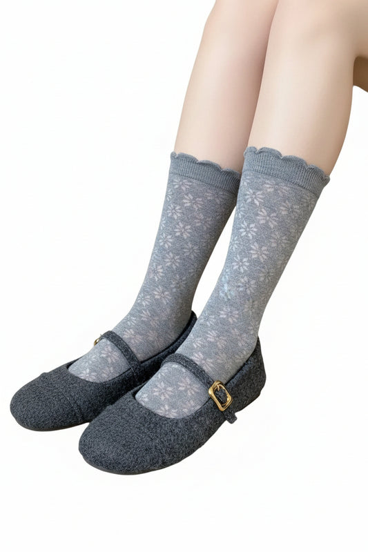 Dame Mid Calf Sokker med Flæser og Jacquard Design 1