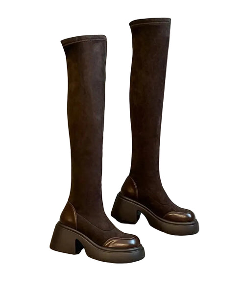Dame Overknee Støvler Chunky Hæl Retro Stil 0
