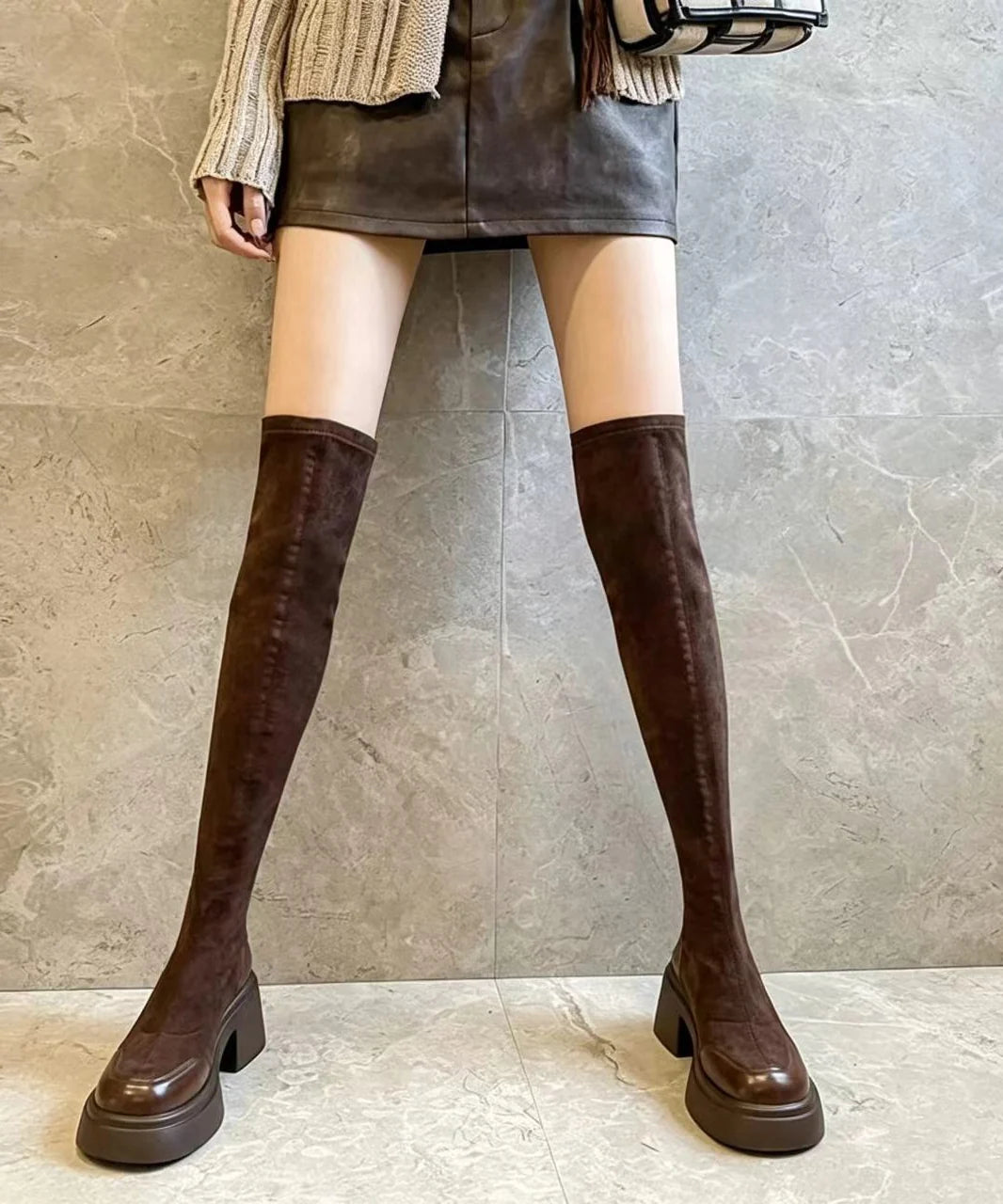Dame Overknee Støvler Chunky Hæl Retro Stil 3