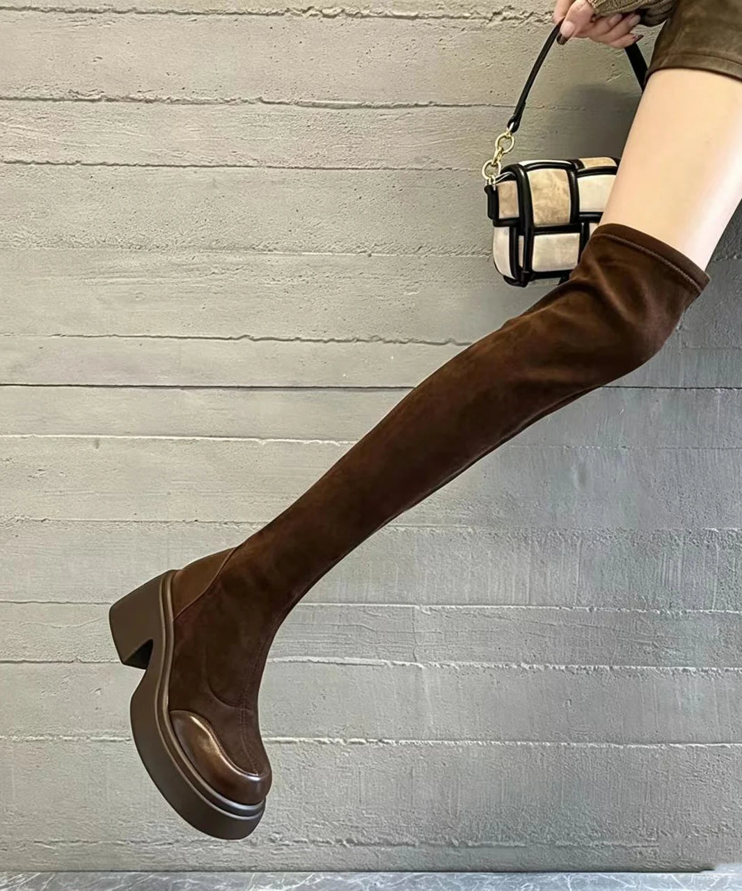 Dame Overknee Støvler Chunky Hæl Retro Stil 4