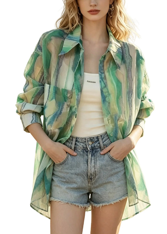 Dame Oversized Skjorte Tie Dye Casual Stil 0