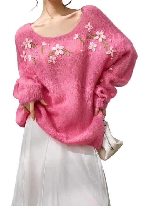 Dame Oversized Strikket Efterårstrøje med Blomsterprint 0