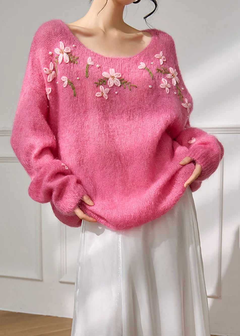 Dame Oversized Strikket Efterårstrøje med Blomsterprint 1