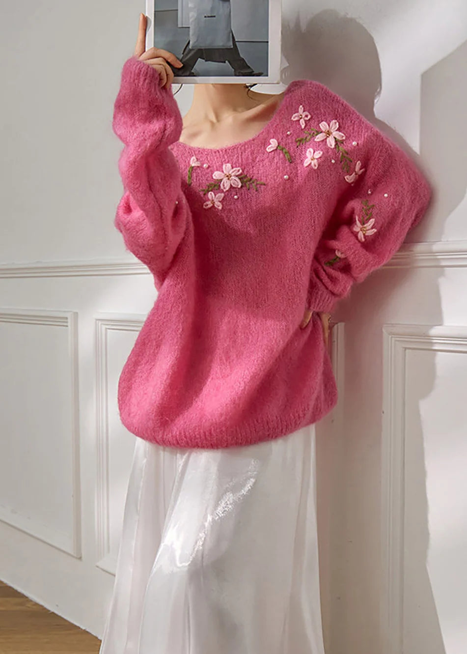 Dame Oversized Strikket Efterårstrøje med Blomsterprint 3
