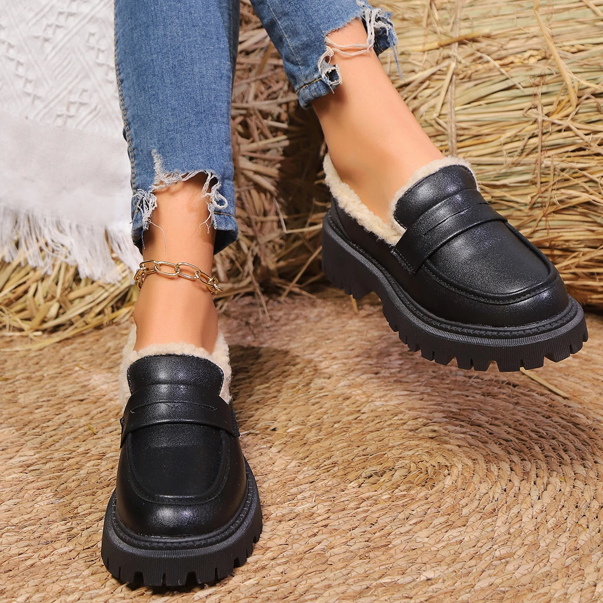 Dame Platform Loafers med Sherpa For 3