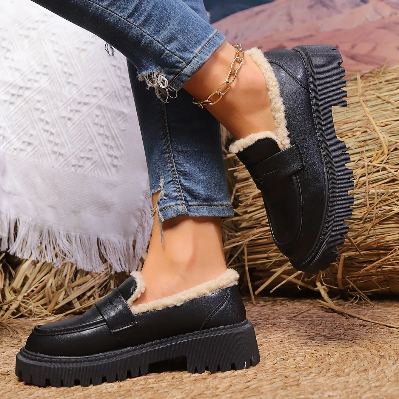 Dame Platform Loafers med Sherpa For 6