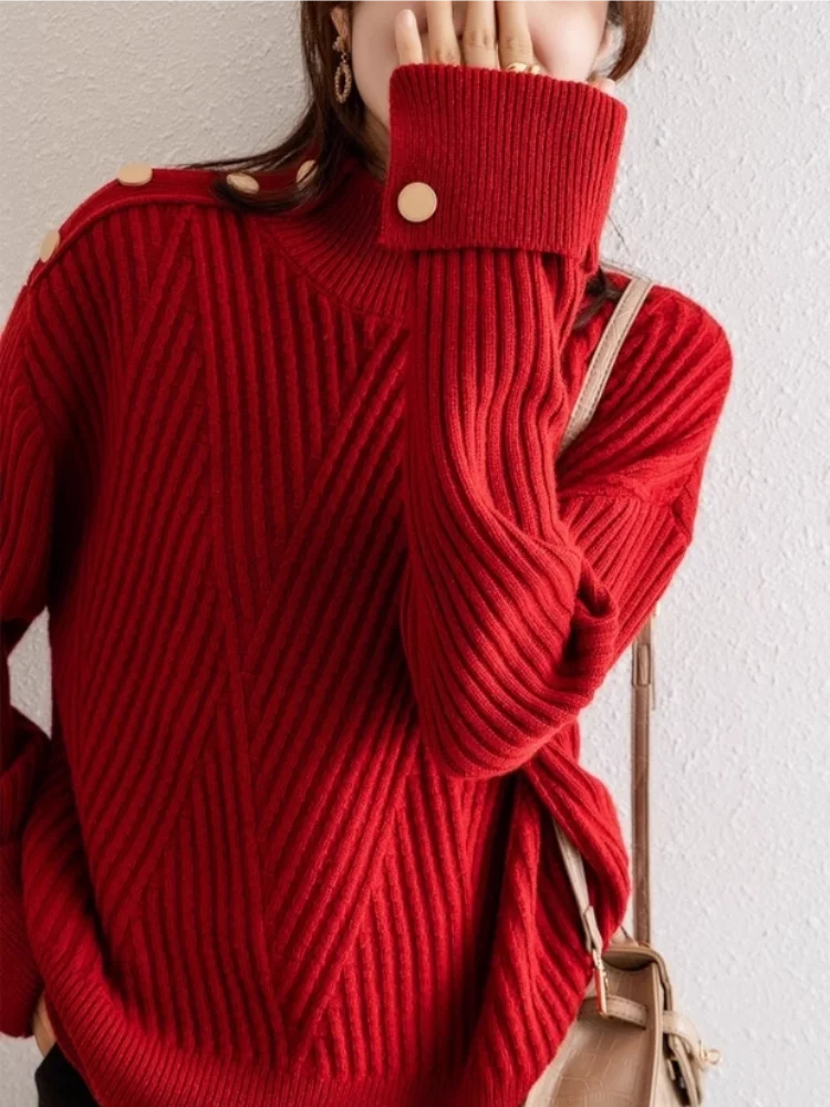 Dame Pullover med Høj Hals og Ribbet Design 3