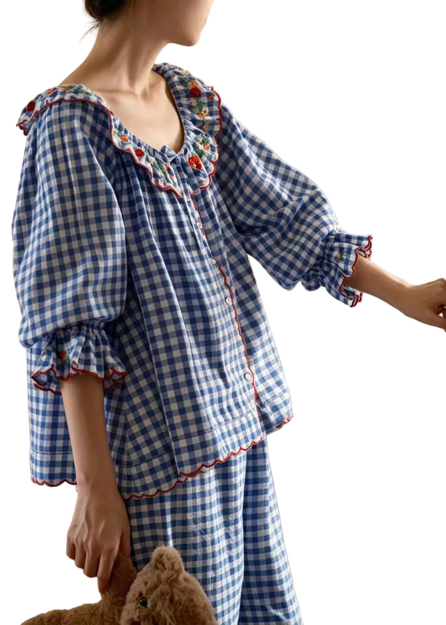 Dame Pyjamas Sæt Langærmet Vintage Stil med Broderede Detaljer 0