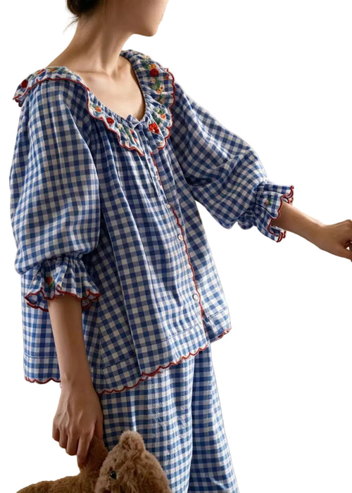 Dame Pyjamas Sæt Langærmet Vintage Stil med Broderede Detaljer 0