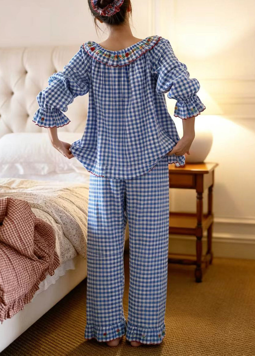 Dame Pyjamas Sæt Langærmet Vintage Stil med Broderede Detaljer 2