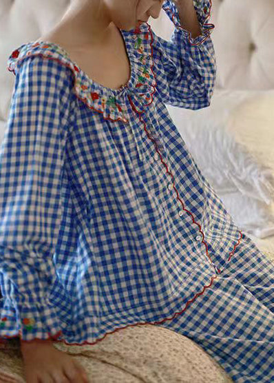 Dame Pyjamas Sæt Langærmet Vintage Stil med Broderede Detaljer 3