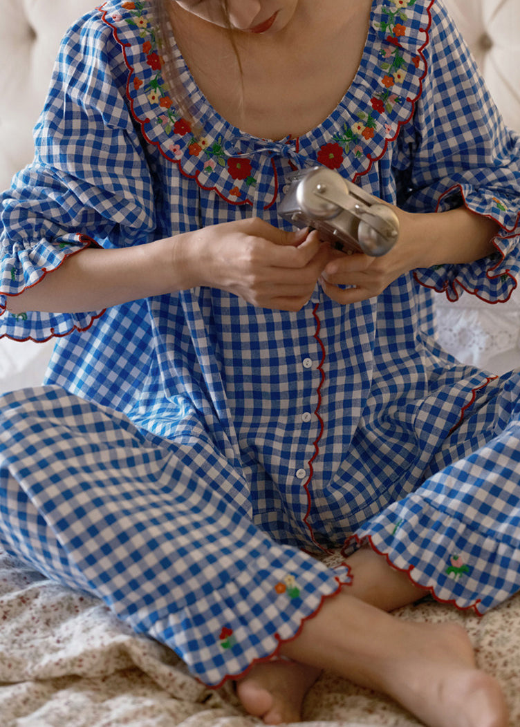 Dame Pyjamas Sæt Langærmet Vintage Stil med Broderede Detaljer 4