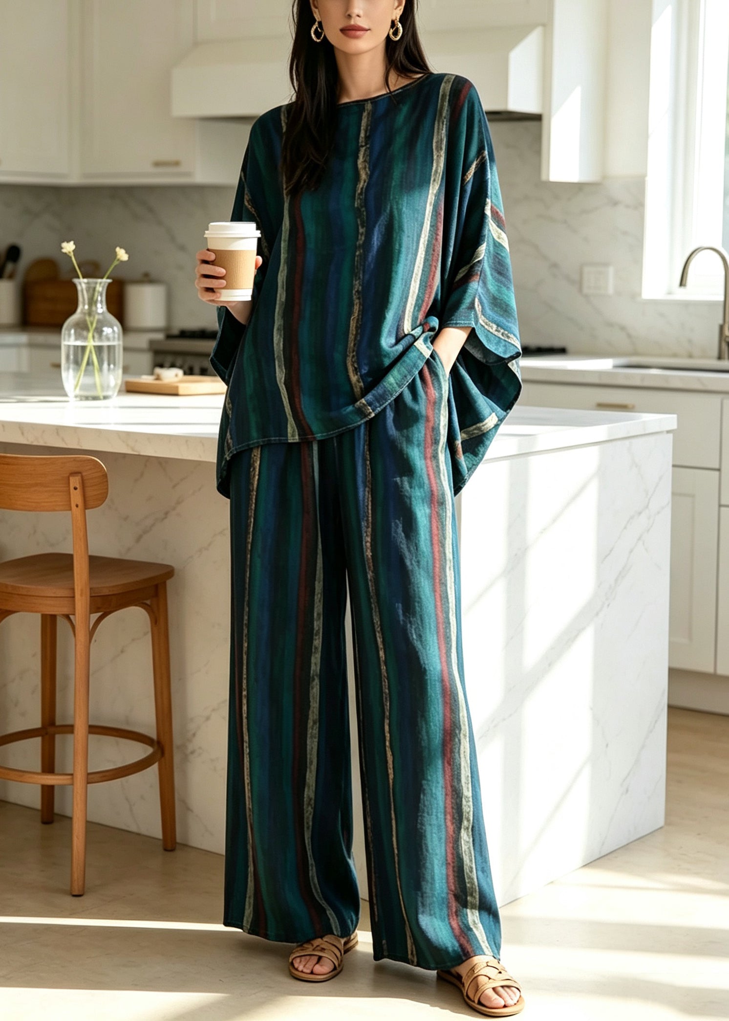 Dame Pyjamasæt Løs Pasform med O-hals og Flagermusærmer 1