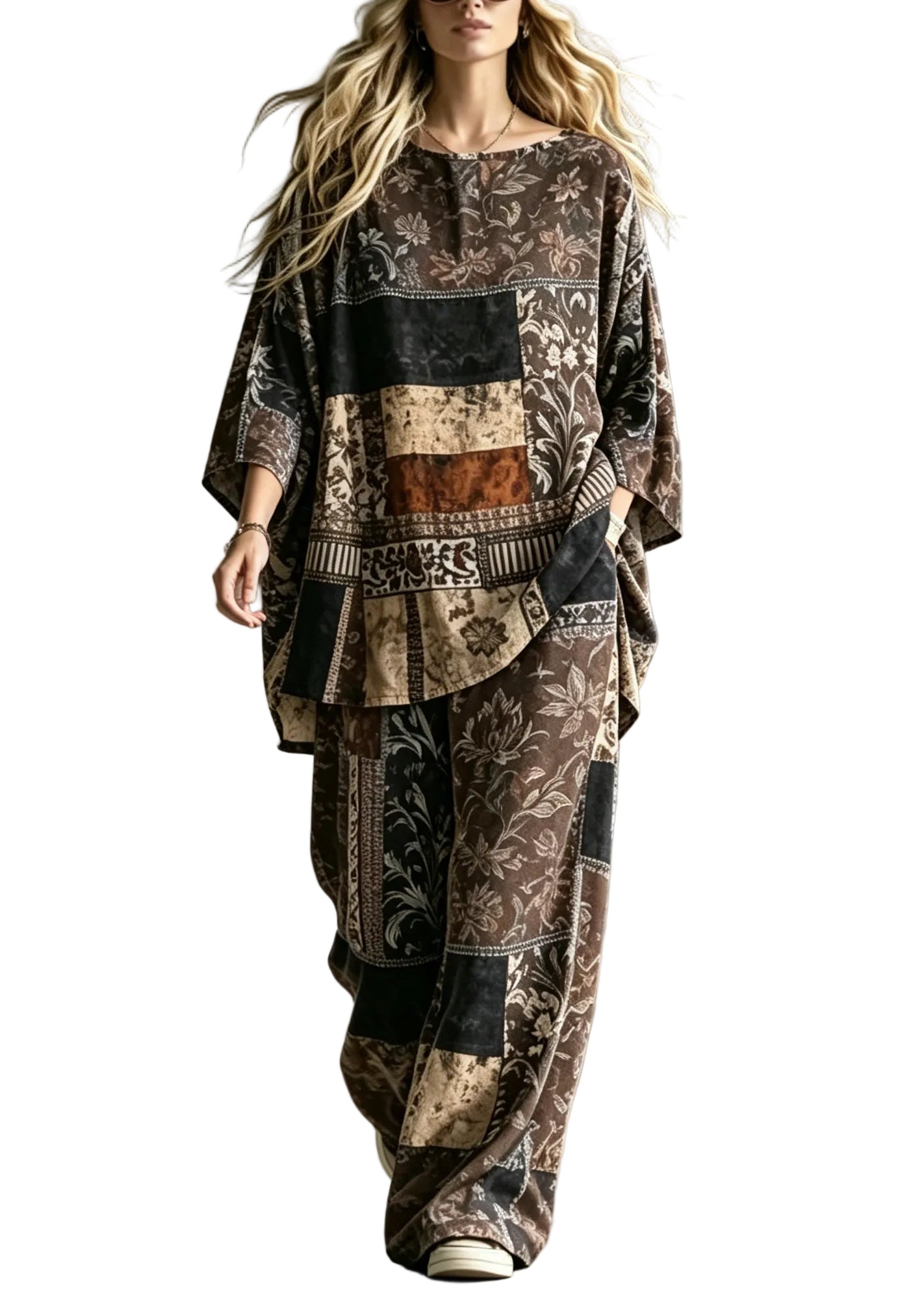Dame Pyjamasæt med O-hals og Print i Plus Size 0