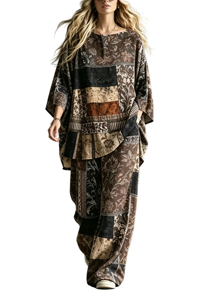 Dame Pyjamasæt med O-hals og Print i Plus Size 0