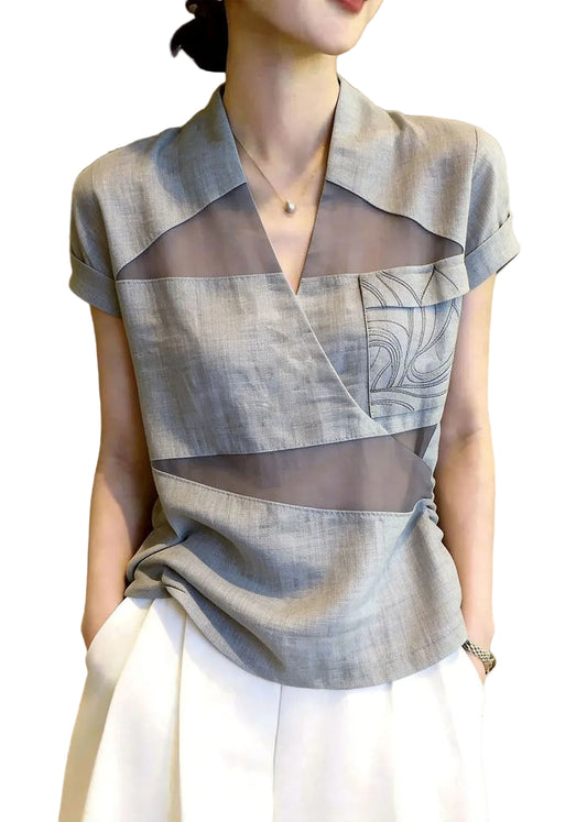 Dame Skjorte Top V-hals Patchwork Casual 0