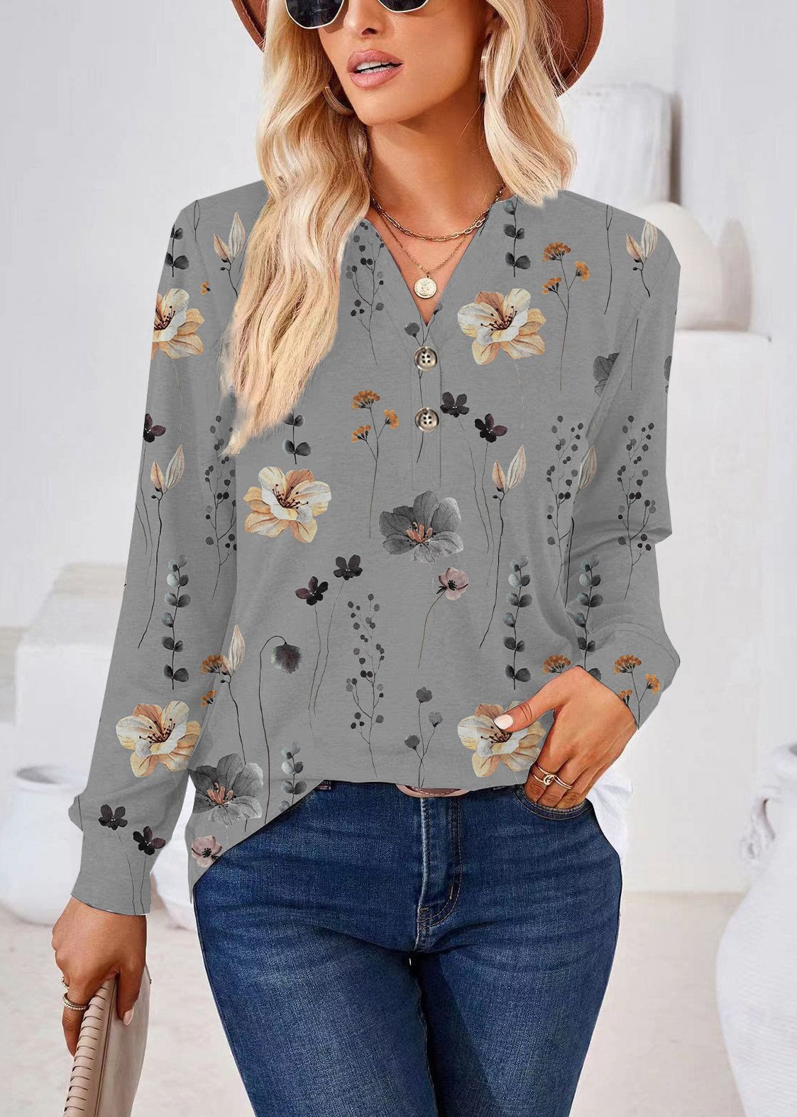 Dame Skjorte V-hals Print Plus Size Efterår 2