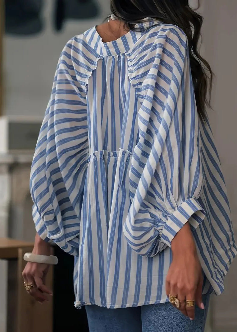 Dame Skjorte med Flæser og Lanterneærmer i Stribet Design 1