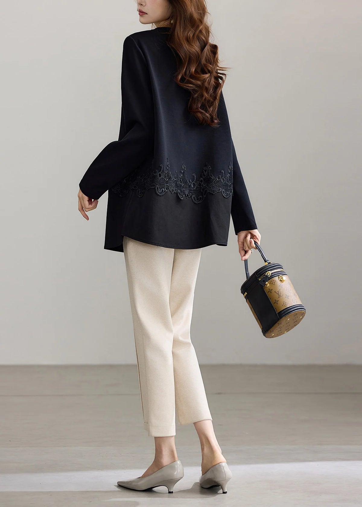 Dame Skjortetop Patchwork med O-Hals og Blonde Detaljer 4