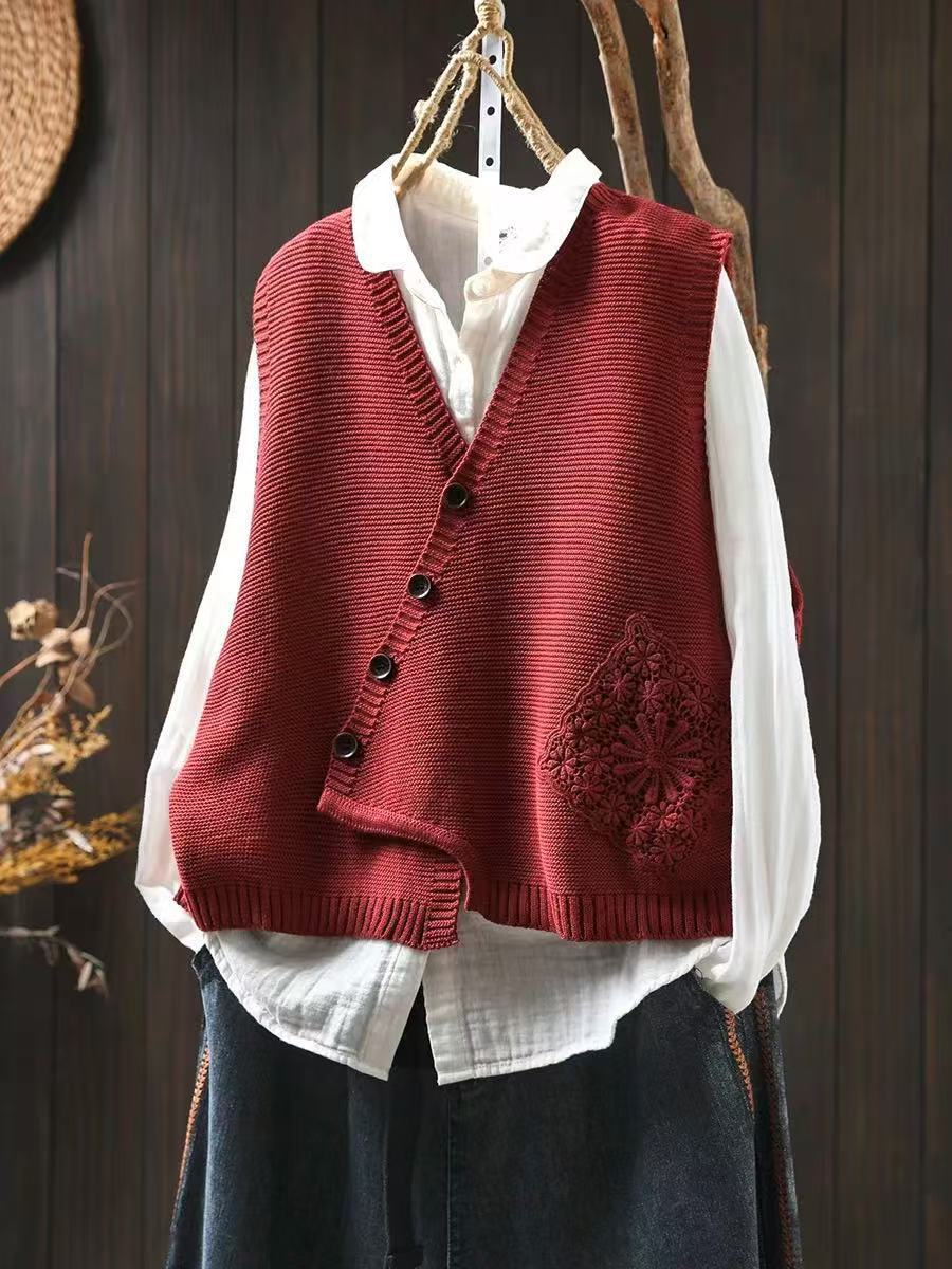 Dame Strik Vest Asymmetrisk Knaplukning V-Hals Komfortabel Casual Stil 1