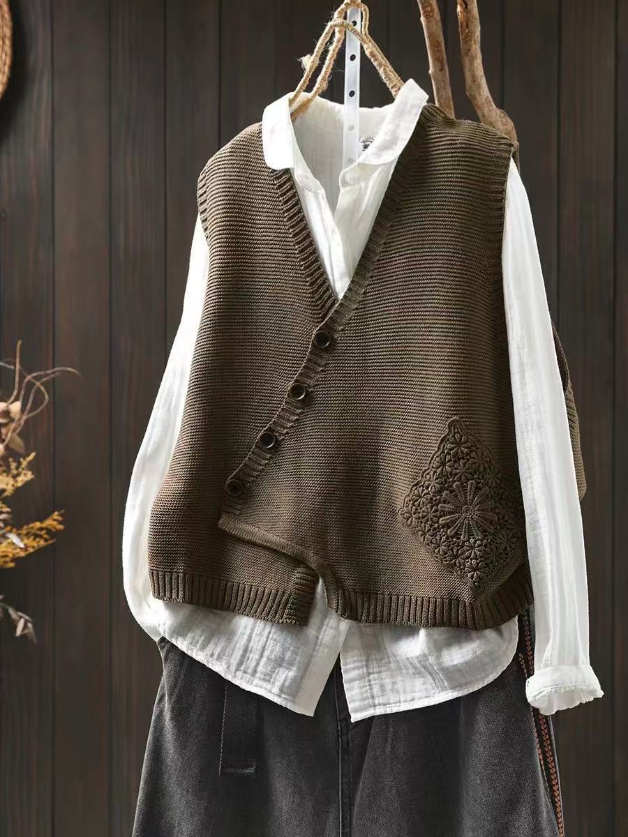 Dame Strik Vest Asymmetrisk Knaplukning V-Hals Komfortabel Casual Stil 3