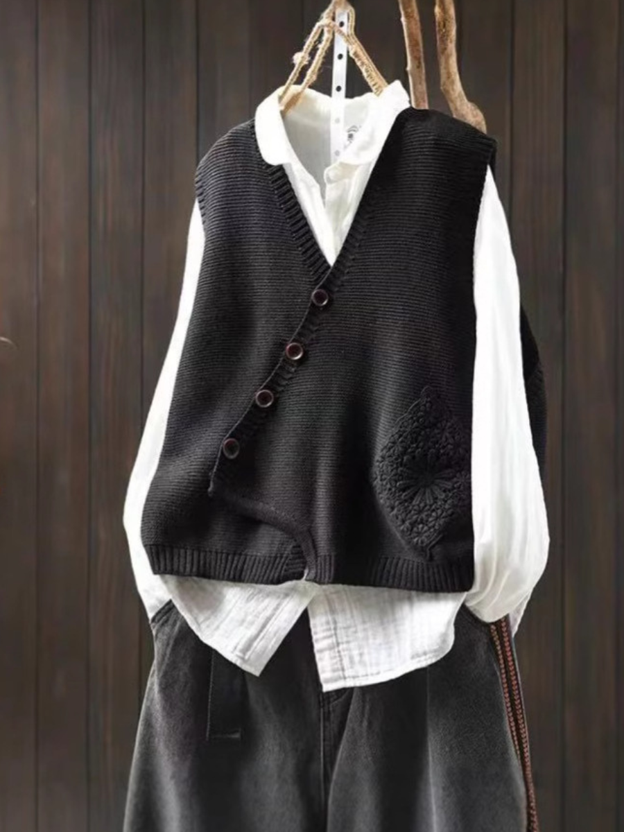 Dame Strik Vest Asymmetrisk Knaplukning V-Hals Komfortabel Casual Stil 4
