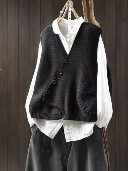 Dame Strik Vest Asymmetrisk Knaplukning V-Hals Komfortabel Casual Stil 4