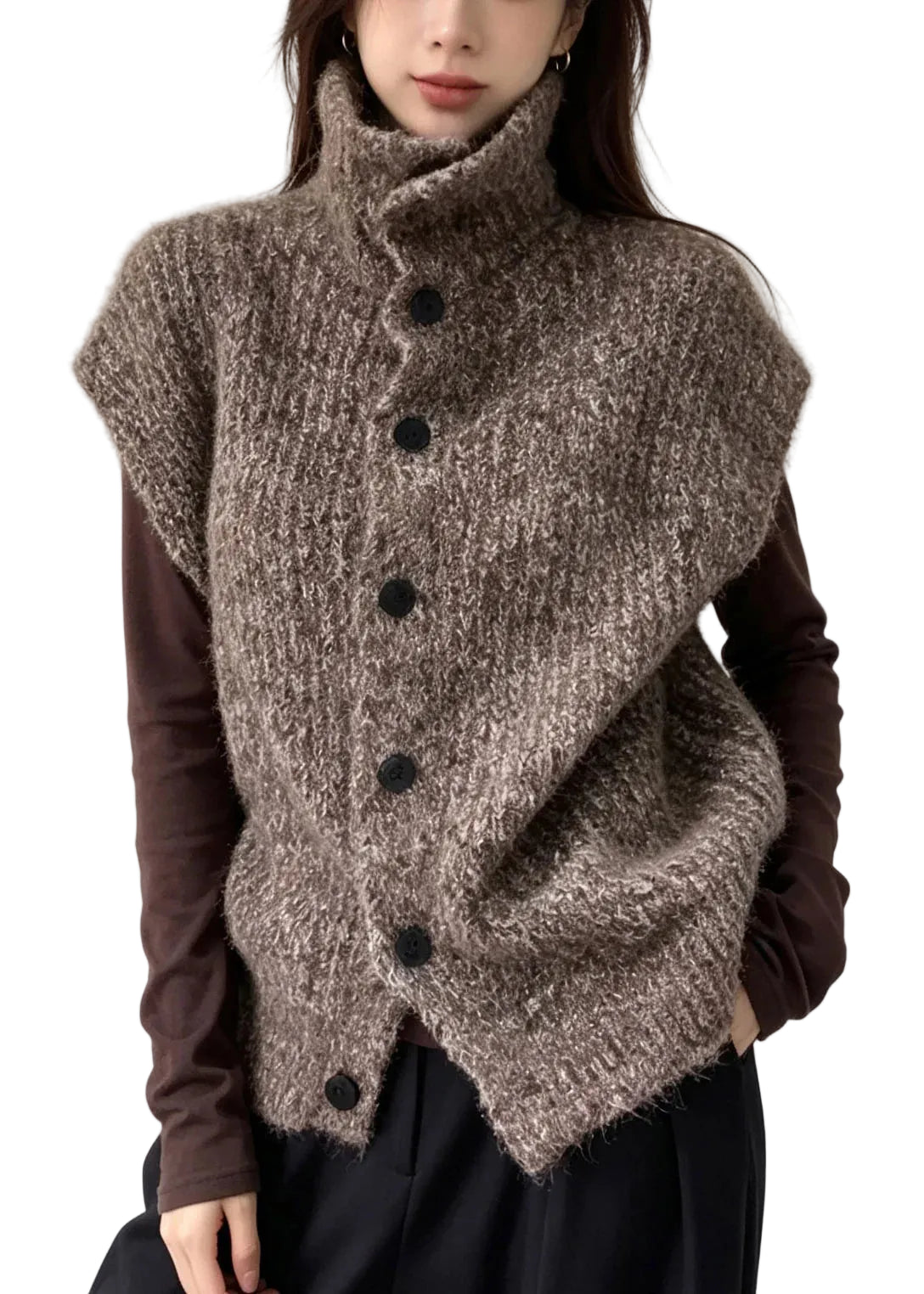 Dame Strik Vest Patchwork Med Knapper Til Efterår 0