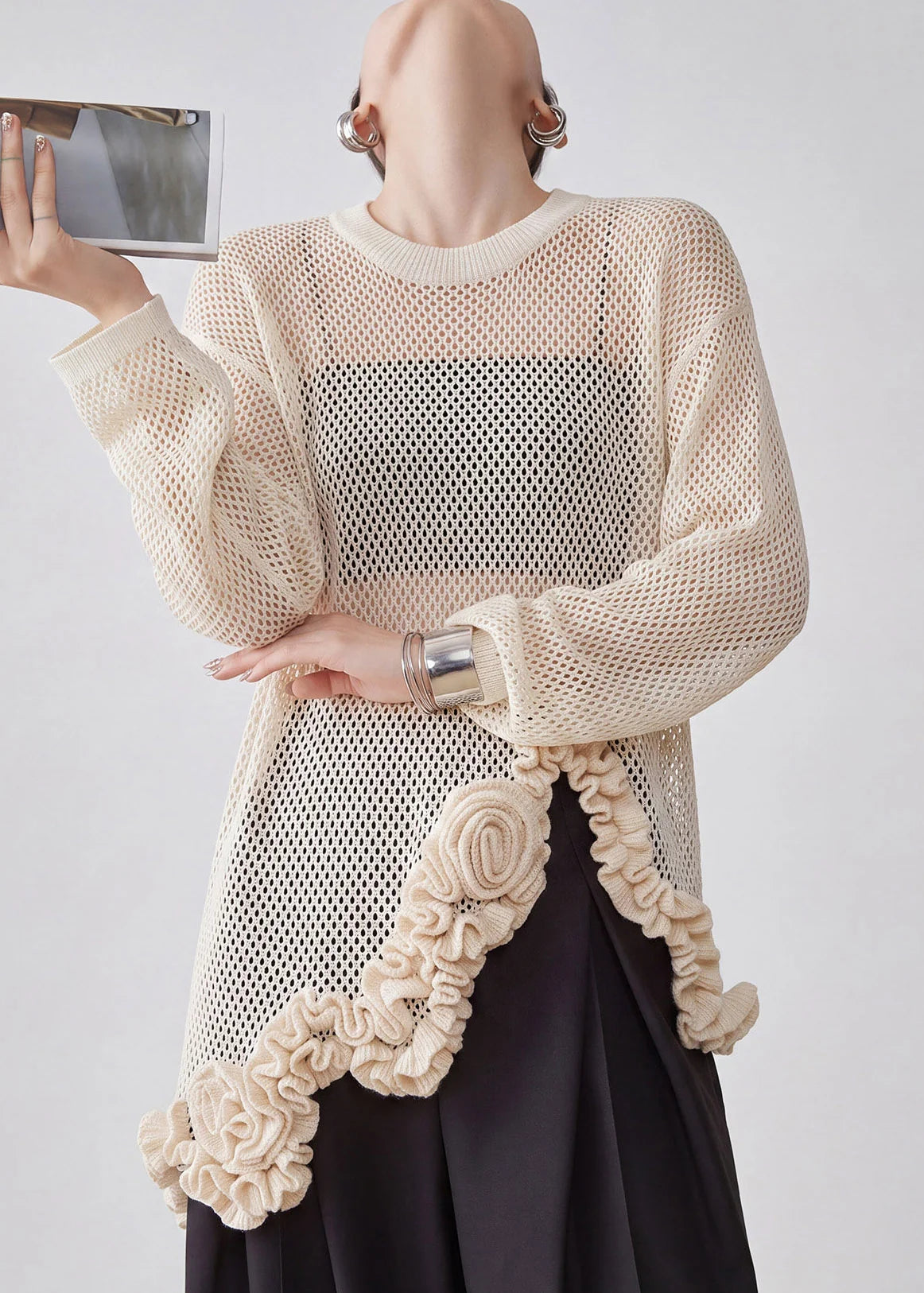 Dame Strikbluse Asymmetrisk O-hals med Blomsterprint 0