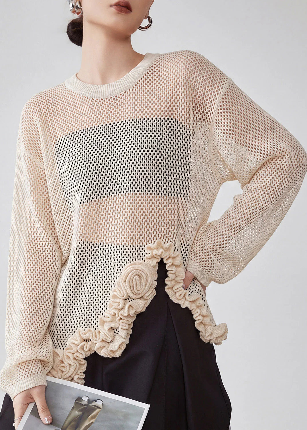 Dame Strikbluse Asymmetrisk O-hals med Blomsterprint 2