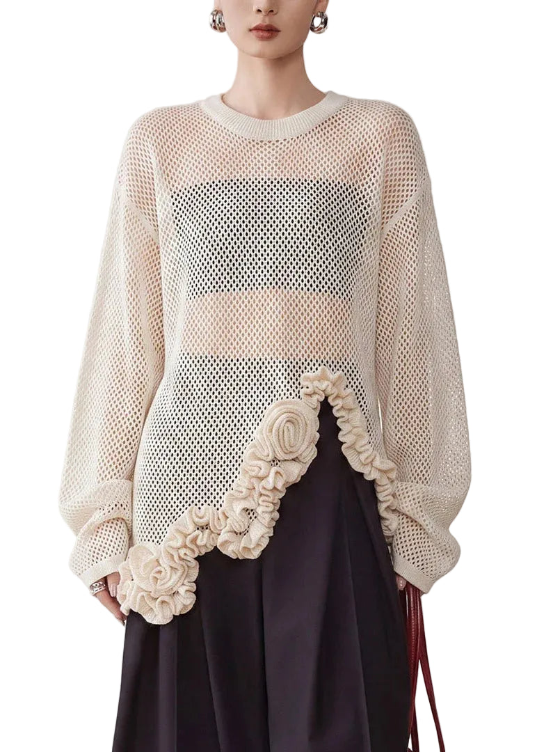 Dame Strikbluse Asymmetrisk O-hals med Blomsterprint 3
