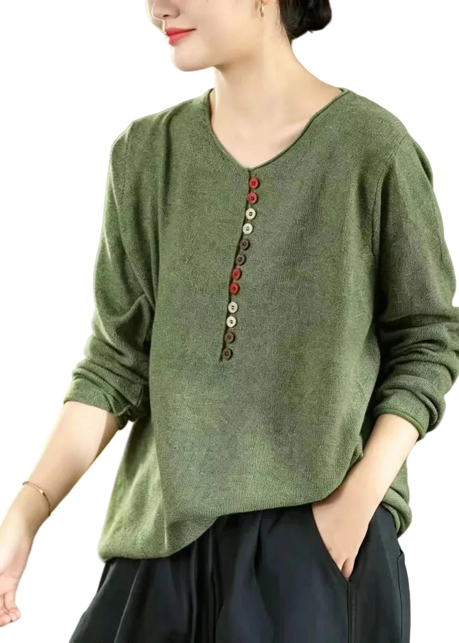 Dame Strikket Sweater V-hals med Knapper 0