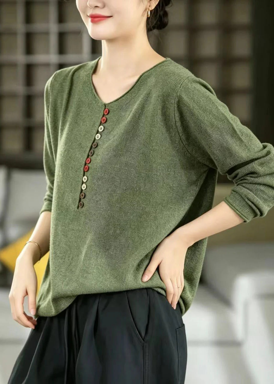 Dame Strikket Sweater V-hals med Knapper 1
