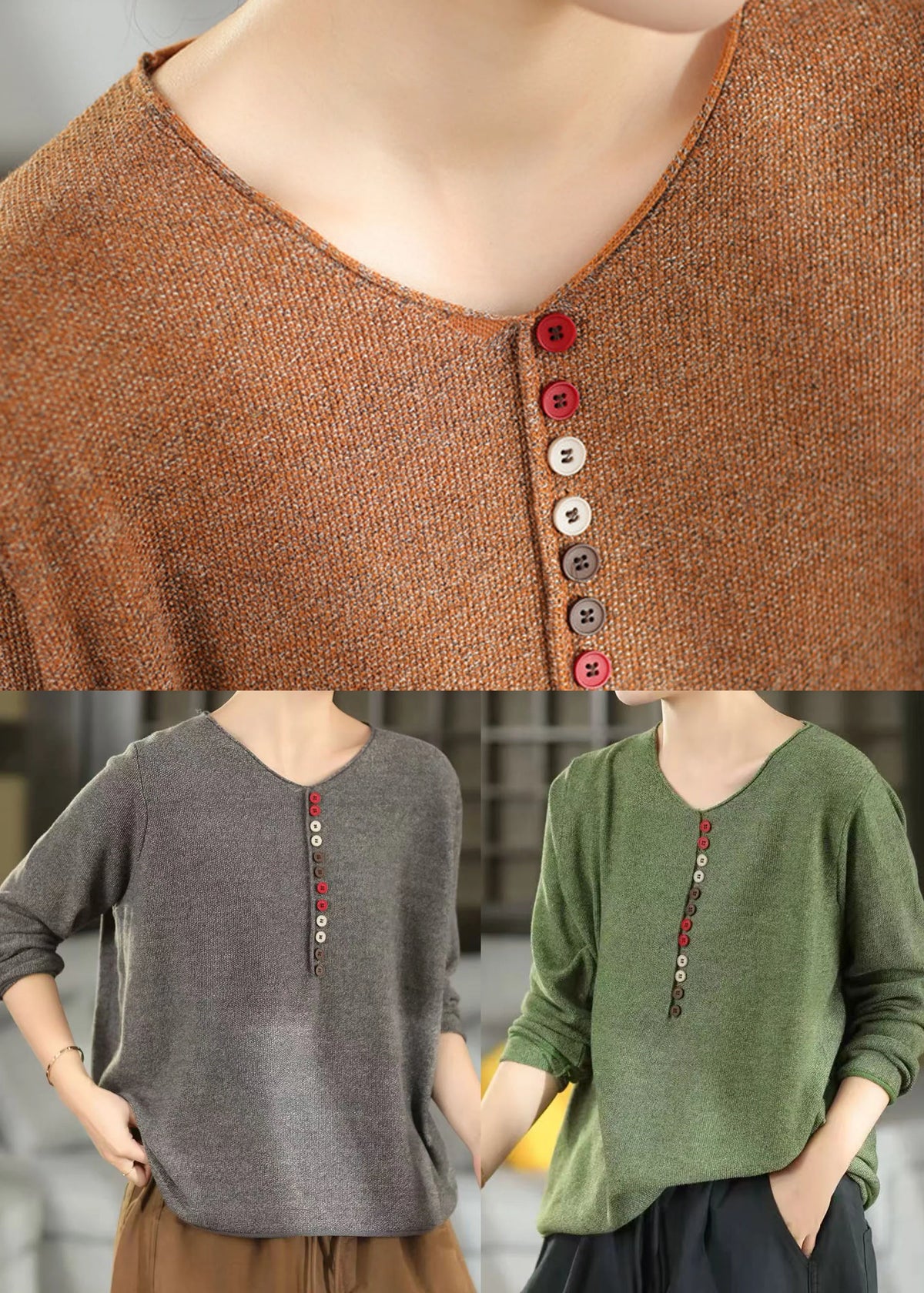 Dame Strikket Sweater V-hals med Knapper 3