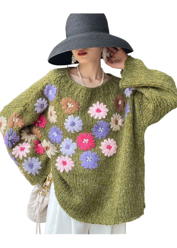 Dame Strikket Sweater med Broderede Blomster 0