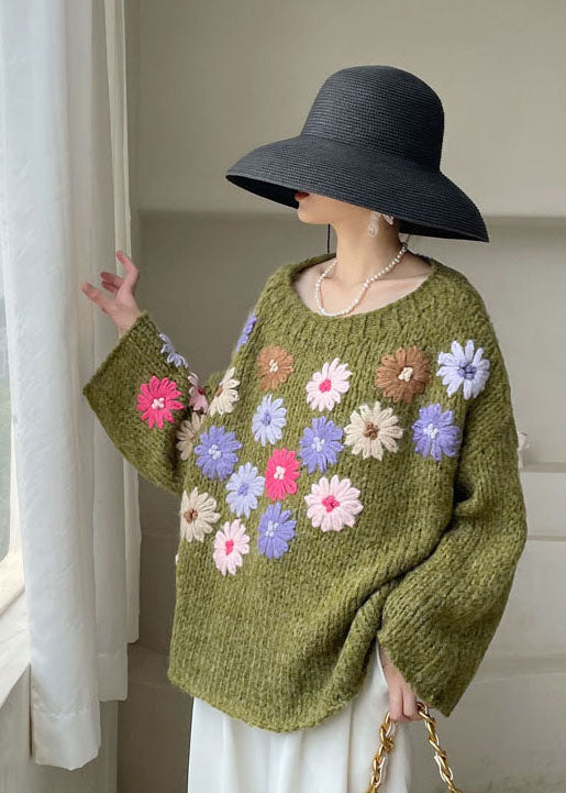 Dame Strikket Sweater med Broderede Blomster 1