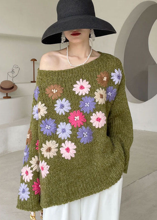 Dame Strikket Sweater med Broderede Blomster 2