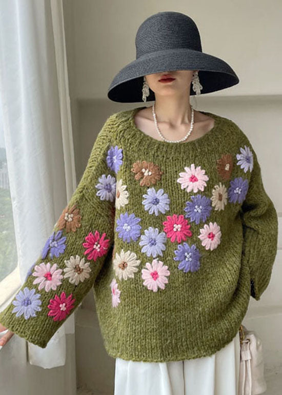 Dame Strikket Sweater med Broderede Blomster 3