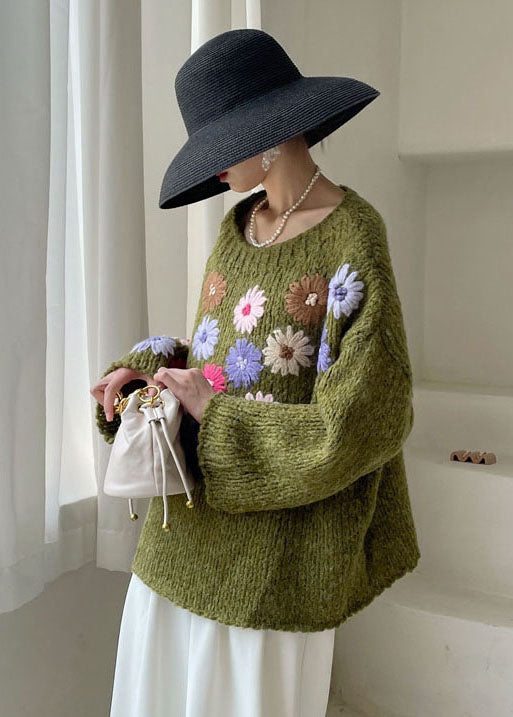Dame Strikket Sweater med Broderede Blomster 4