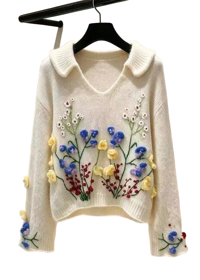 Dame Striktrøje Broderet Blomsterprint Efterårsstil 0