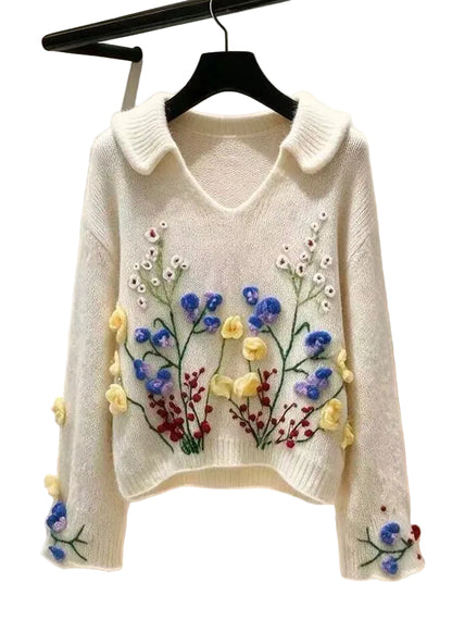Dame Striktrøje Broderet Blomsterprint Efterårsstil 0