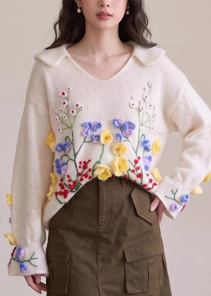 Dame Striktrøje Broderet Blomsterprint Efterårsstil 1