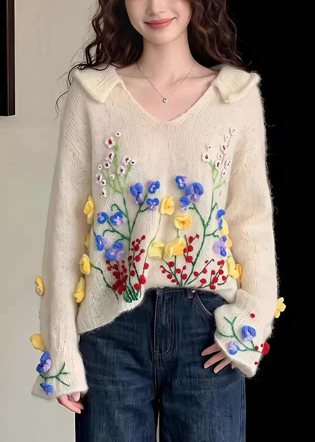 Dame Striktrøje Broderet Blomsterprint Efterårsstil 2